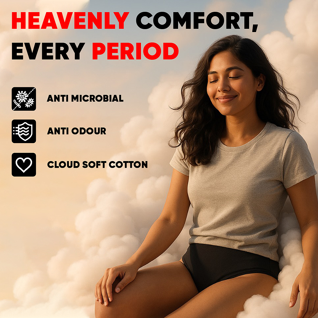 Woman wearing Go Paddie reusable period panty – antimicrobial, anti odour, soft cotton comfort